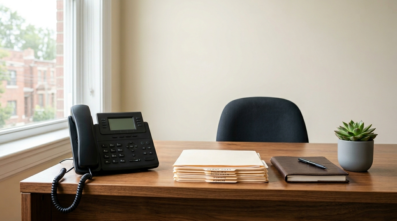 Reception desk with phone in insurance brokerage
