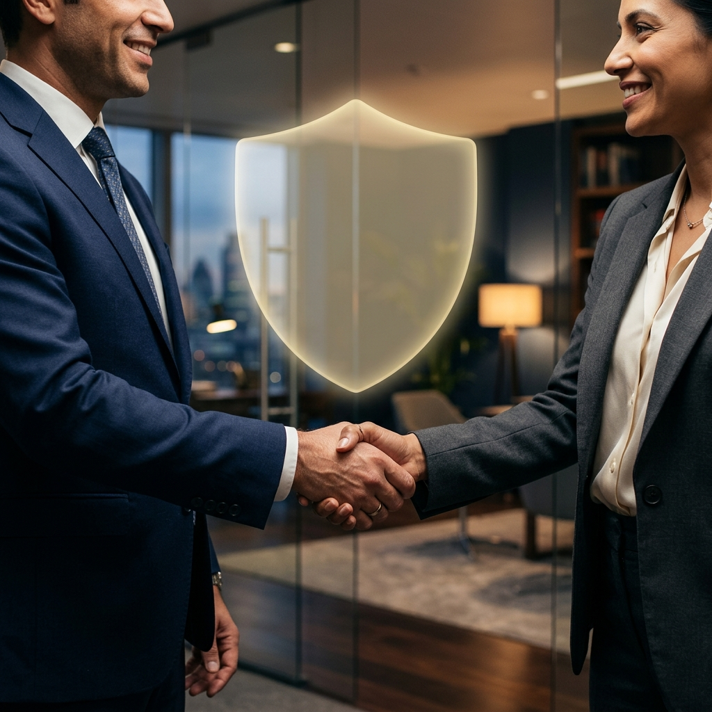 Professional handshake with shield overlay representing insurance protection